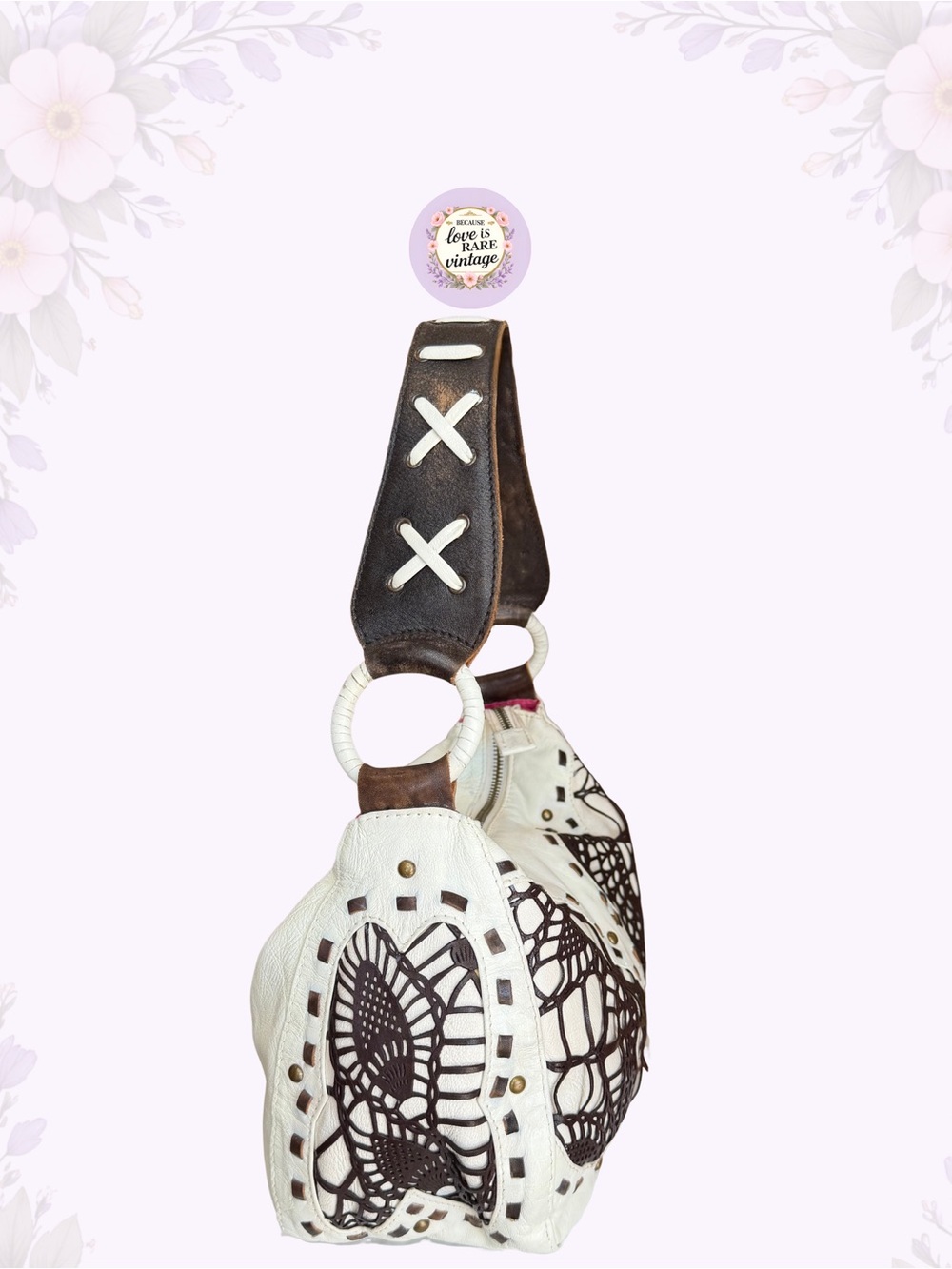 Vintage Western Betsey Johnson Leather Shoulder Bag • Y2K White & Brown Hobo - Picture 3 of 13